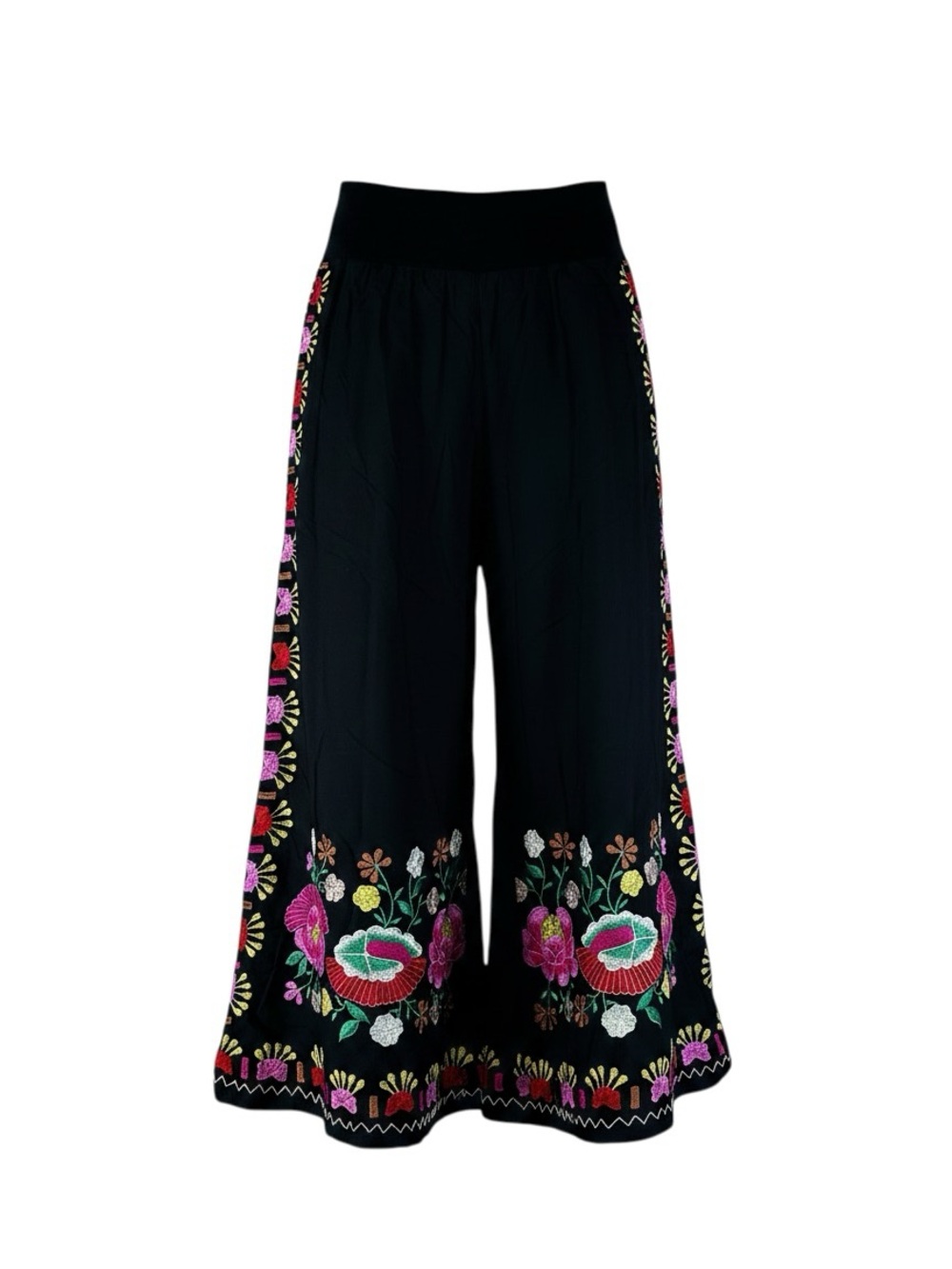 Bali Queen Embroidered Boho Wide Leg  Pants Floral Festival Hippie Black M/L